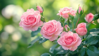 Obraz premium Pink blooming fresh roses with buds posy in green garden banner