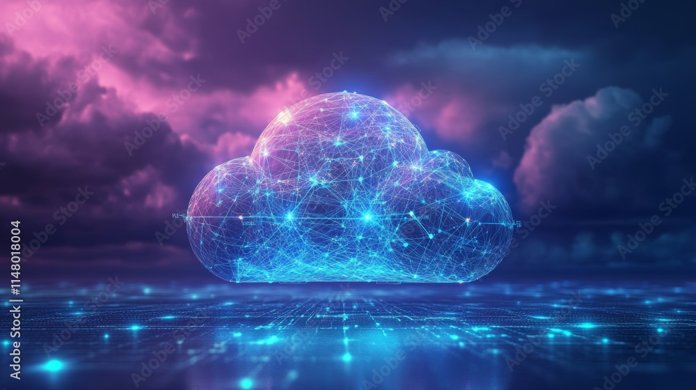 Poster cloud computing concept with digital network connections and glowing lights during a colorful sky ba