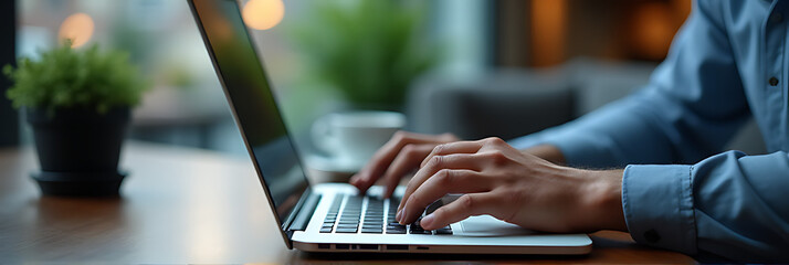 A man uses a laptop to brainstorm blogging concepts and ideas with his hands typing quickly on the keyboard._00001_