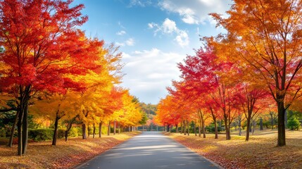 Vibrant Autumn Trees Lining a Picturesque Pathway Under a Blue Sky With Fluffy Clouds in a Tranquil Natural Setting