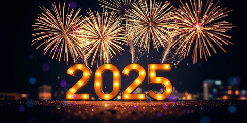 new year fireworks, 2025 New Year Celebration - Wooden Number Blocks And Golden Fireworks At Eve Night With Abstract Defocused Lights
