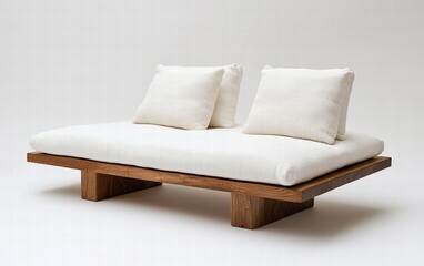 Fototapeta premium A minimalist sofa with a low-profile design, white linen upholstery, and square cushions, on a clear white background