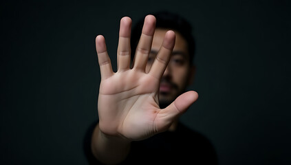A male hand makes a stop gesture on a dark background, conveying warning and prohibition against violence._00002_