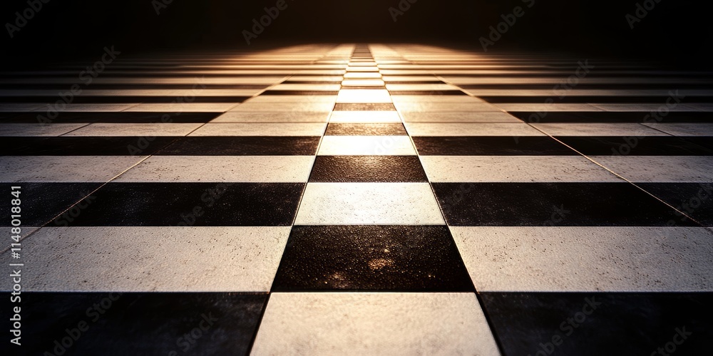 Aufkleber a checkered floor with a black and white pattern. the floor is wet and shiny. the floor is made of t
