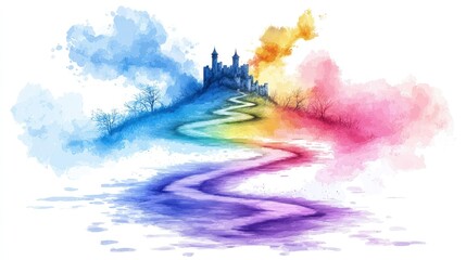 Fototapeta premium Castle on a hill with a winding rainbow path in a colorful watercolor illustration style on a white background.