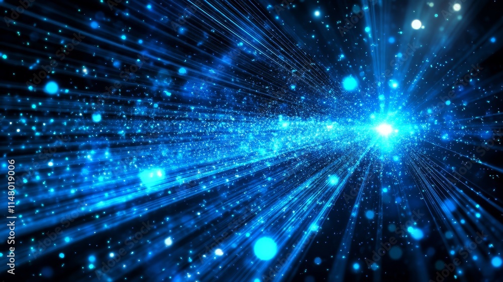 Poster vibrant blue abstract light rays radiating from a central point, creating a cosmic atmosphere filled