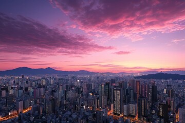 Fototapeta premium arafed view of a city at dusk with a pink sky