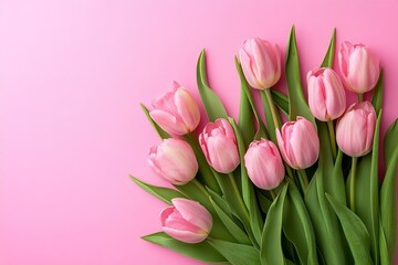 Beautiful composition spring flowers. Bouquet of pink tulips flowers on pastel pink background. © Ace64 Studio