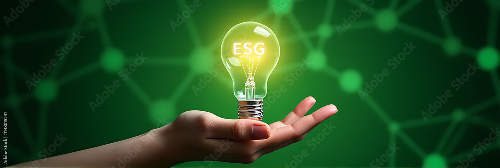 Poster a hand holds a light bulb with an esg symbol on a green network background emphasizing sustainabilit