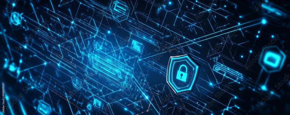 Poster digital network security interface displaying interconnected data and symbols for protection and pri