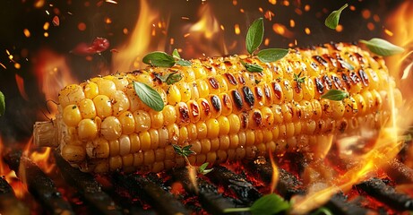 Close-up of Grilled Corn on the Cob Over Flames, Golden and Flavorful. AI generated illustration