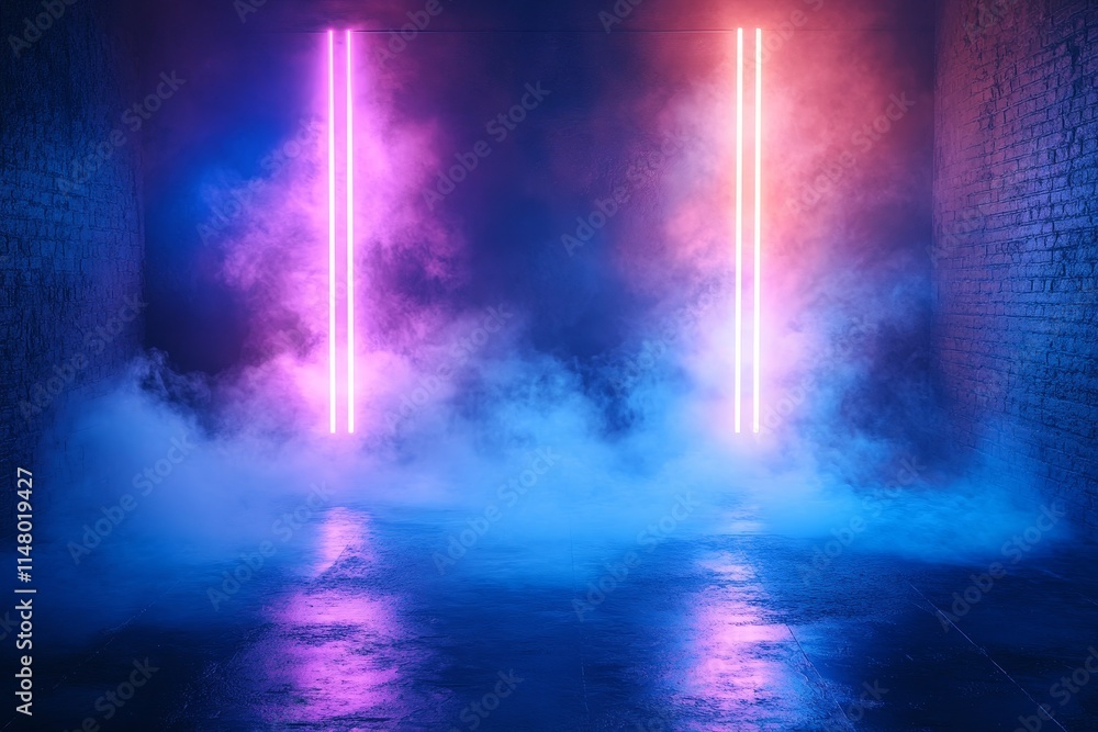 Poster vibrant neon lights create a mystical atmosphere in a dimly lit space filled with colorful fog and r