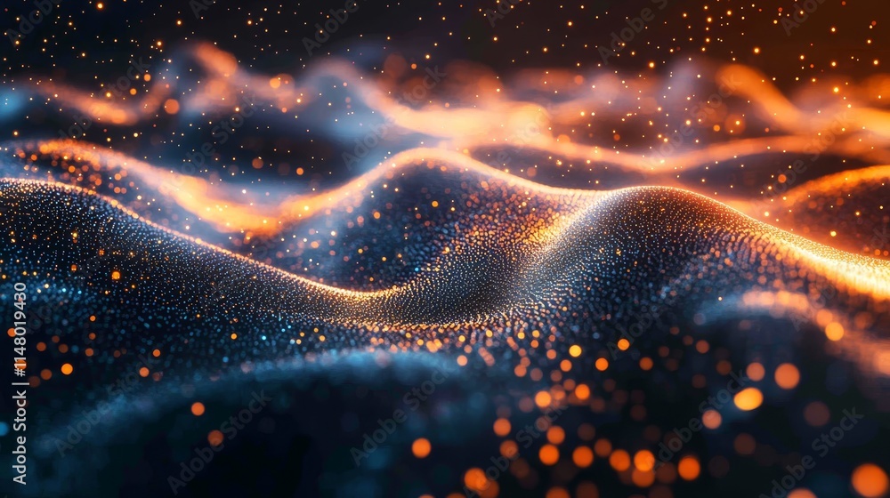 Poster abstract visualization of flowing waves illuminated with orange and blue lights representing digital
