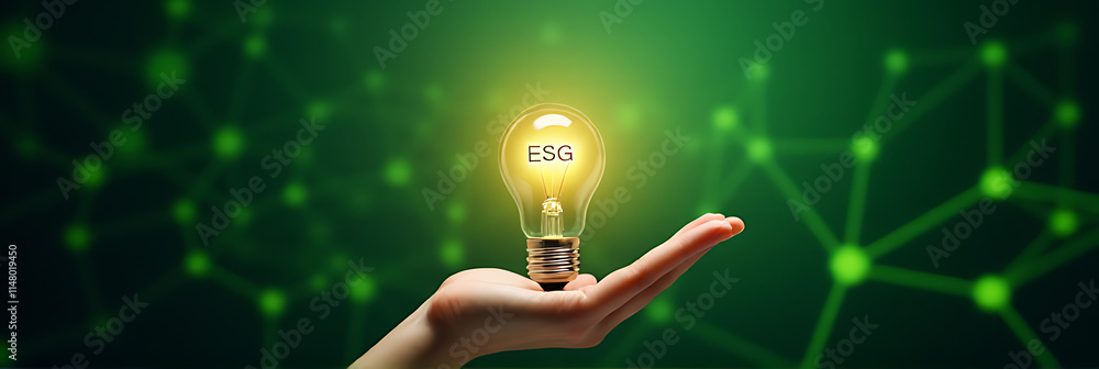 Poster a hand holds a light bulb with an esg symbol on a green network background emphasizing sustainabilit