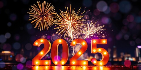 new year 2025 fireworks, 2025 New Year Celebration - Wooden Number Blocks And Golden Fireworks At Eve Night With Abstract Defocused Lights