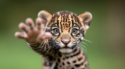 Naklejka premium A baby jaguar is reaching out to the camera