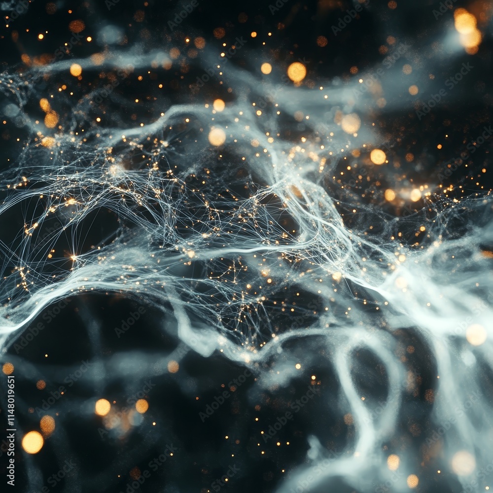 Poster intricate web of golden particles and ethereal light flowing through a dark background, creating a s