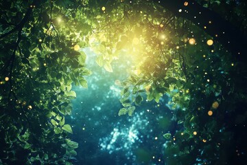 Sunlight filtering through lush green leaves in a serene woodland during early morning hours