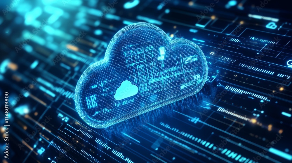 Poster digital cloud storage concept represented by glowing blue cloud icon with data circuits, reflecting 