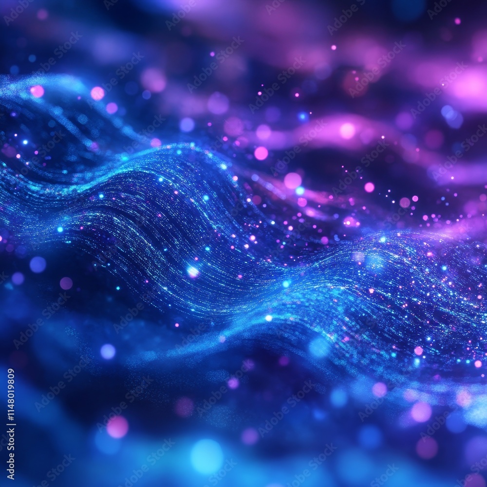 Poster motion of luminous particles creating a vibrant wave pattern in shades of blue and purple during a d