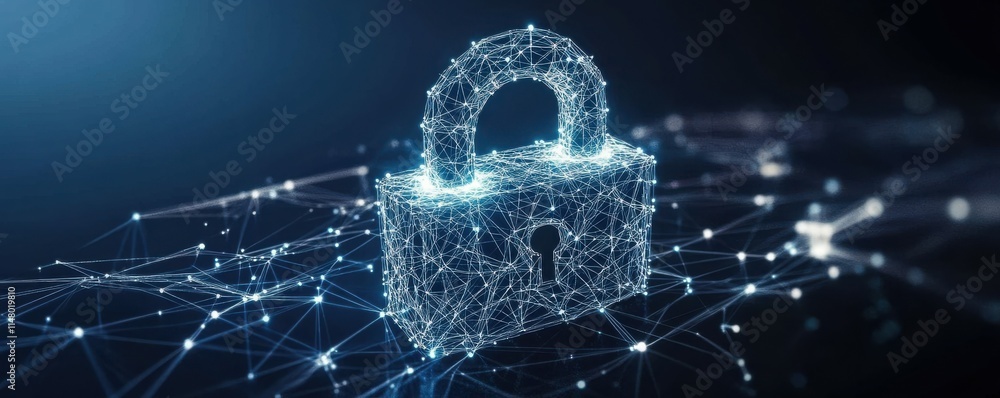 Poster dark blue background with a small padlock with binary polygon interconnects representing cybersecuri