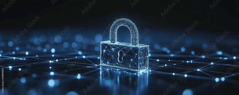 Poster dark blue background with a small padlock with binary polygon interconnects representing cybersecuri