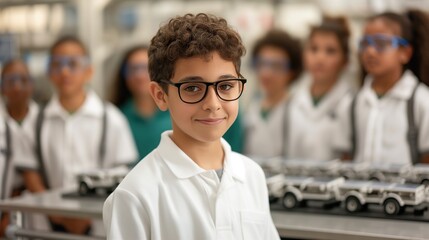 A young boy in glasses smiles confidently in front of a group of classmates, showcasing a vibrant learning environment.Sustainability, STEM, Energy,Kid Inventors' Day,environmental protection
