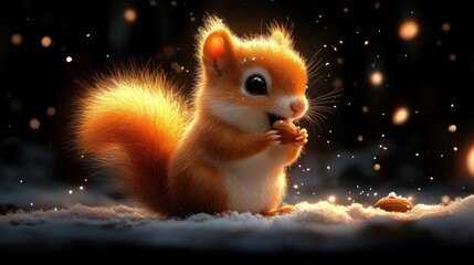 Fototapeta premium Adorable baby squirrel eating a nut in snowy night.