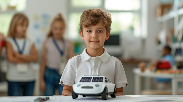 A young boy smiles proudly as he presents a solar-powered toy car in a classroom setting, surrounded by other children.Sustainability, STEM, Energy,Kid Inventors' Day,environmental protection