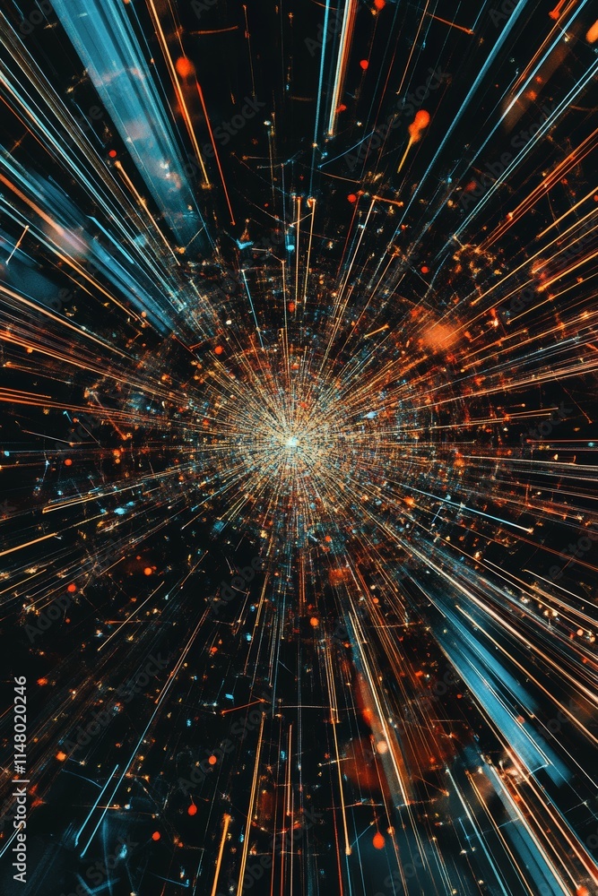 Poster abstract image of colorful light streaks radiating from a central point, creating a dynamic and futu