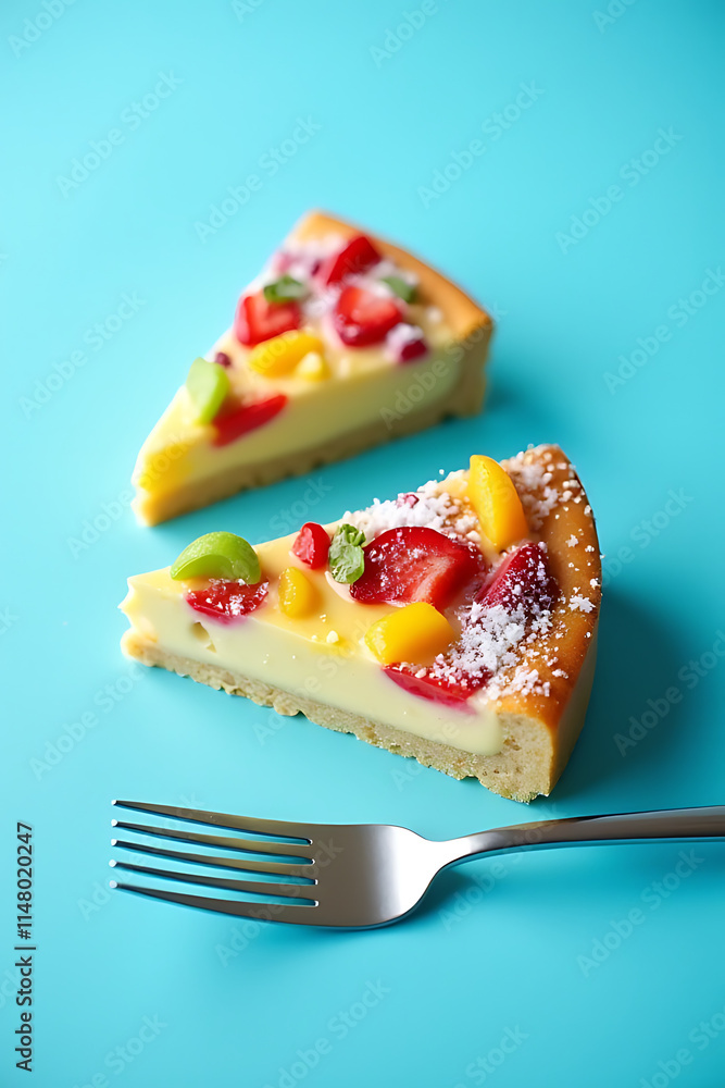 Aufkleber a colorful slice of food from a bakery is placed on a blue background with a fork for eating and rep