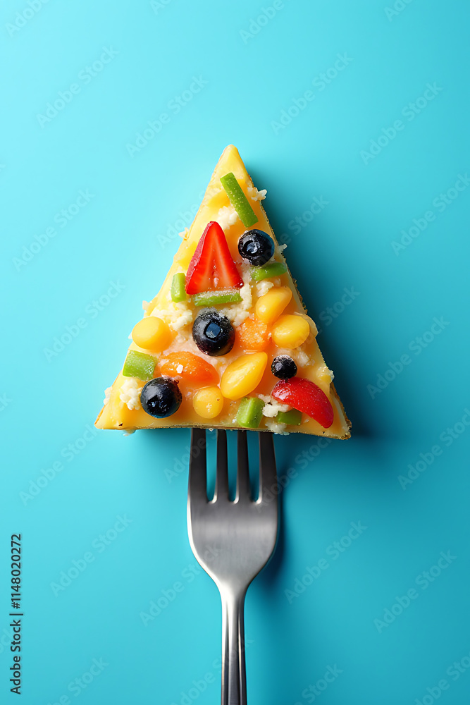 Poster a colorful slice of food from a bakery is placed on a blue background with a fork for eating and rep