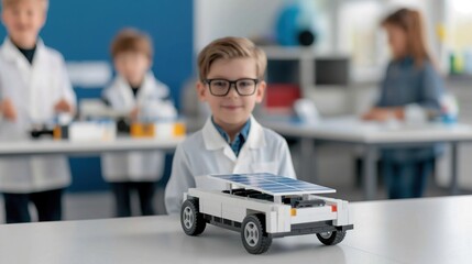 A young boy in glasses proudly presents a solar-powered car model in a classroom, surrounded by peers engaged in similar activities.Sustainability, STEM, Energy,Kid Inventors' Day
