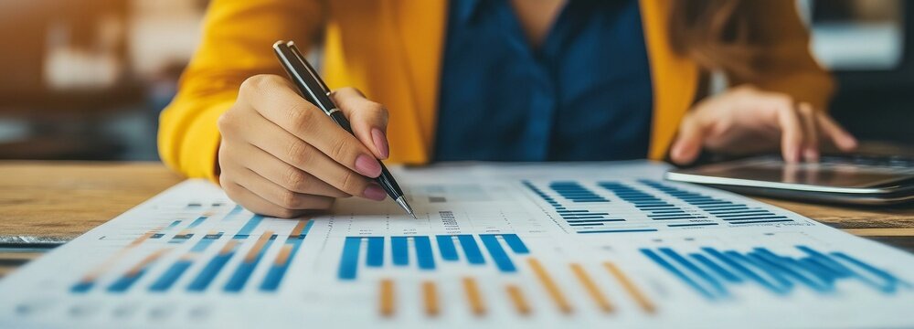 Business Financing Accounting Banking Concept Businesswoman doing finances and calculating financial report with business graph growth cahrt finance and investment concept