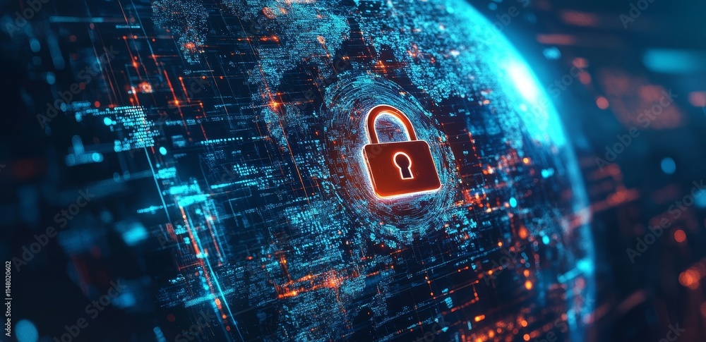Aufkleber digital security lock symbolizing internet safety on a futuristic globe with data streams and networ