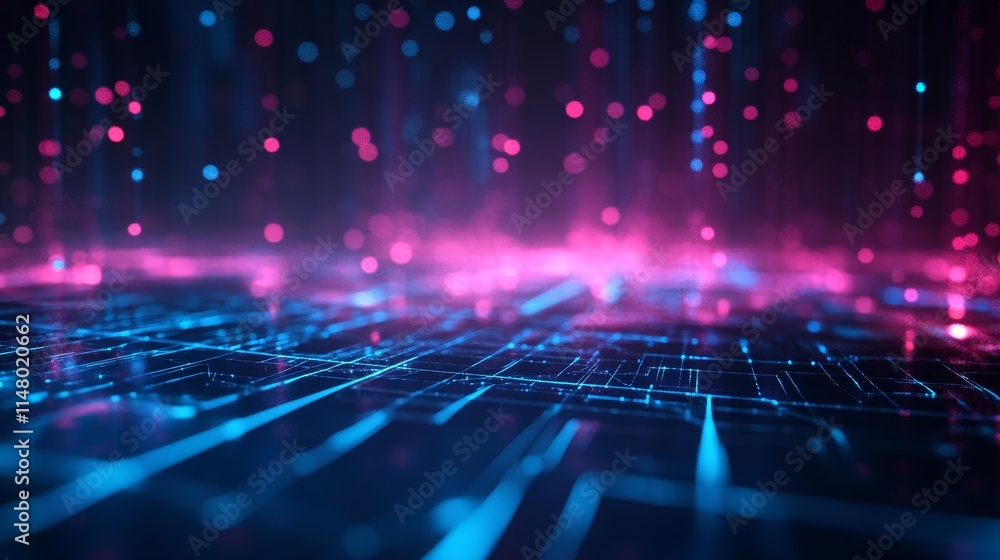 Poster digital rain illuminates a grid-like surface creating a vibrant atmosphere with electric blue and pi