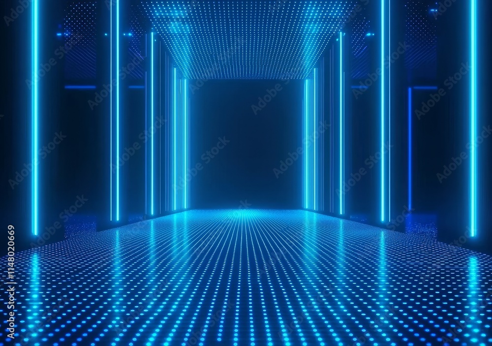 Poster bright blue hallway with illuminated walls and floor creating a futuristic atmosphere in a dark spac
