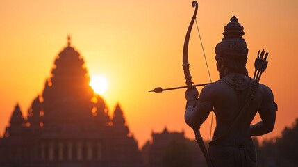 Lord Rama Silhouette with Bow and Arrow in Front of Ram Mandir at Sunset: A Glimpse of Indian Mythology. AI generated illustration