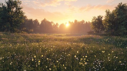 Sunset Landscape with a Plain Wild Grass Field