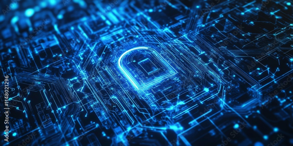 Poster digital lock symbol on a glowing circuit board background representing cybersecurity and data protec