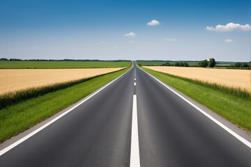 arafed road with white lines and a green field in the background