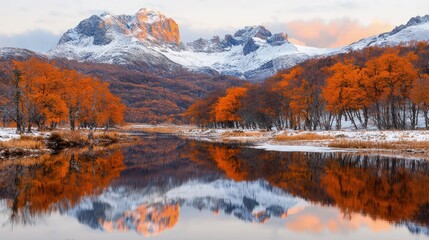 Obraz premium Snow-capped mountain peaks and vibrant orange autumn forest are reflected in the calm waters of a river during a peaceful sunset.