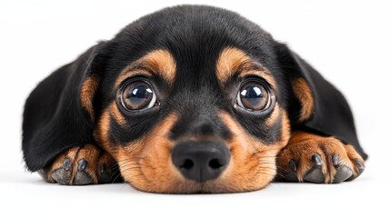 Fototapeta premium A small black and tan dog laying down with its eyes open