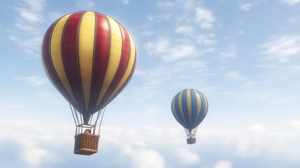 Naklejka premium Two hot air balloons float in the sky, one larger with red and yellow stripes and the other smaller with blue and yellow stripes. The serene scene captures the beauty and tranquility of ballooning.