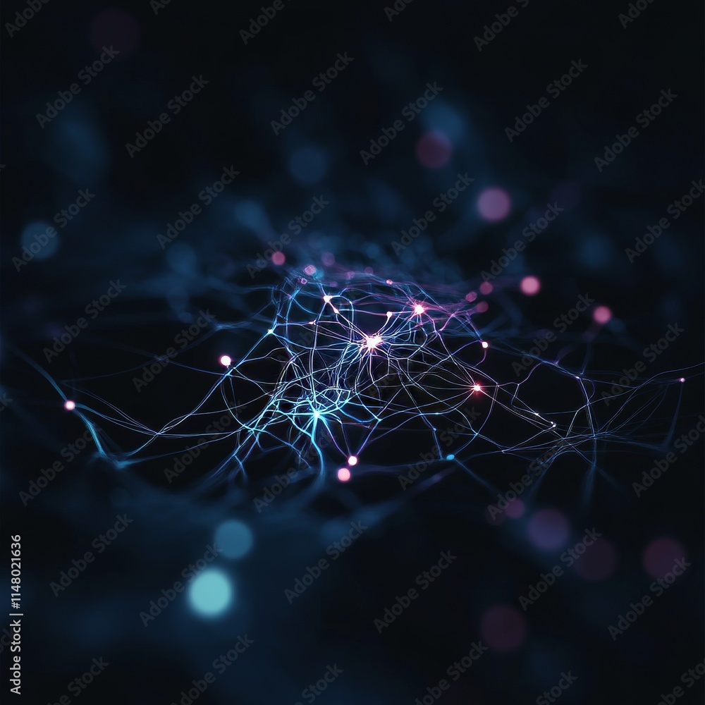 Poster abstract representation of neural connections in a dark setting with vibrant colors indicating commu