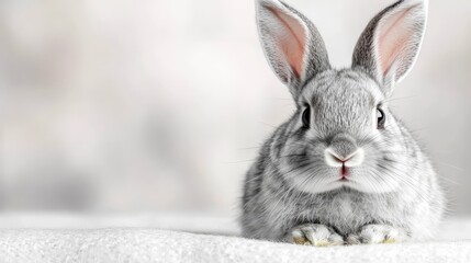 Obraz premium A gray rabbit sitting on top of a white blanket