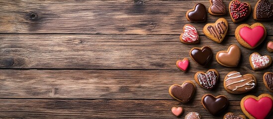 Naklejka premium Valentines Day corner border banner of various sweets and cookies. Top view over a wooden background. Love and hearts theme.