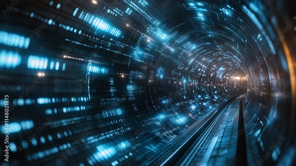 Poster visual representation of a futuristic tunnel with glowing blue lights and motion, capturing a sense 
