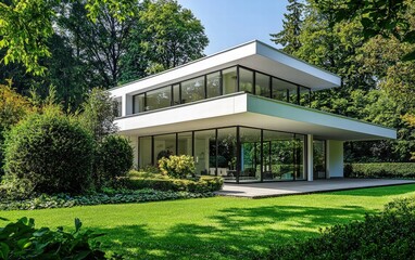 A sleek minimalist house with white walls, a flat roof, and large glass windows reflecting the surrounding greenery