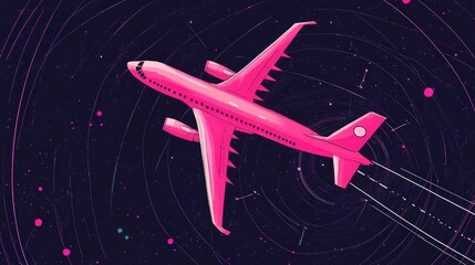 A vibrant pink airplane depicted against a dark background with swirling lines and dots, suggesting flight paths or data visualization. The contrast and dynamic lines emphasize aviation and technology